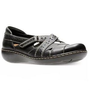 Clarks Ashland Spin‎ Q Black Leather Slip On Comfort Loafers Flats Shoes Size 9